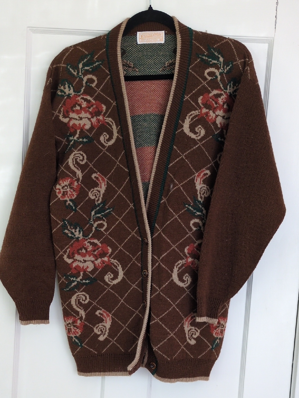 Pendleton Brown Floral Knit Cardigan with Cream & Green Accents